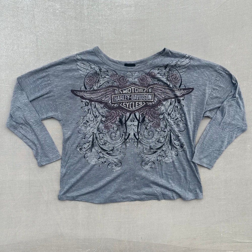 Harley-Davidson Women's Gray Open Back Embellished 3/4 Sleeve Shirt Large - Picture 2 of 7